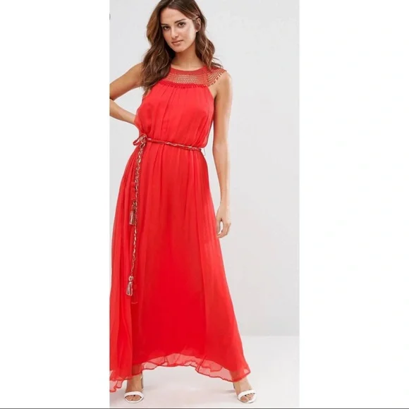 sachin and babi light blue dress Karina" Long Chiffon Foil Ruffle Tie Neck Dress
